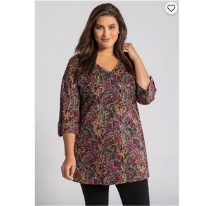 Ulla Popken Colourful Paisley Print V-Neck Cotton Tunic - Plus Size Fashion